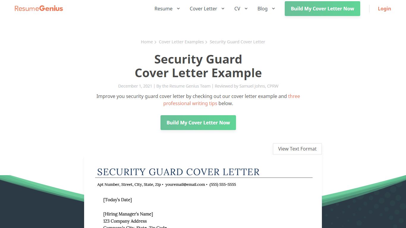 Security Guard Cover Letter Example | Resume Genius